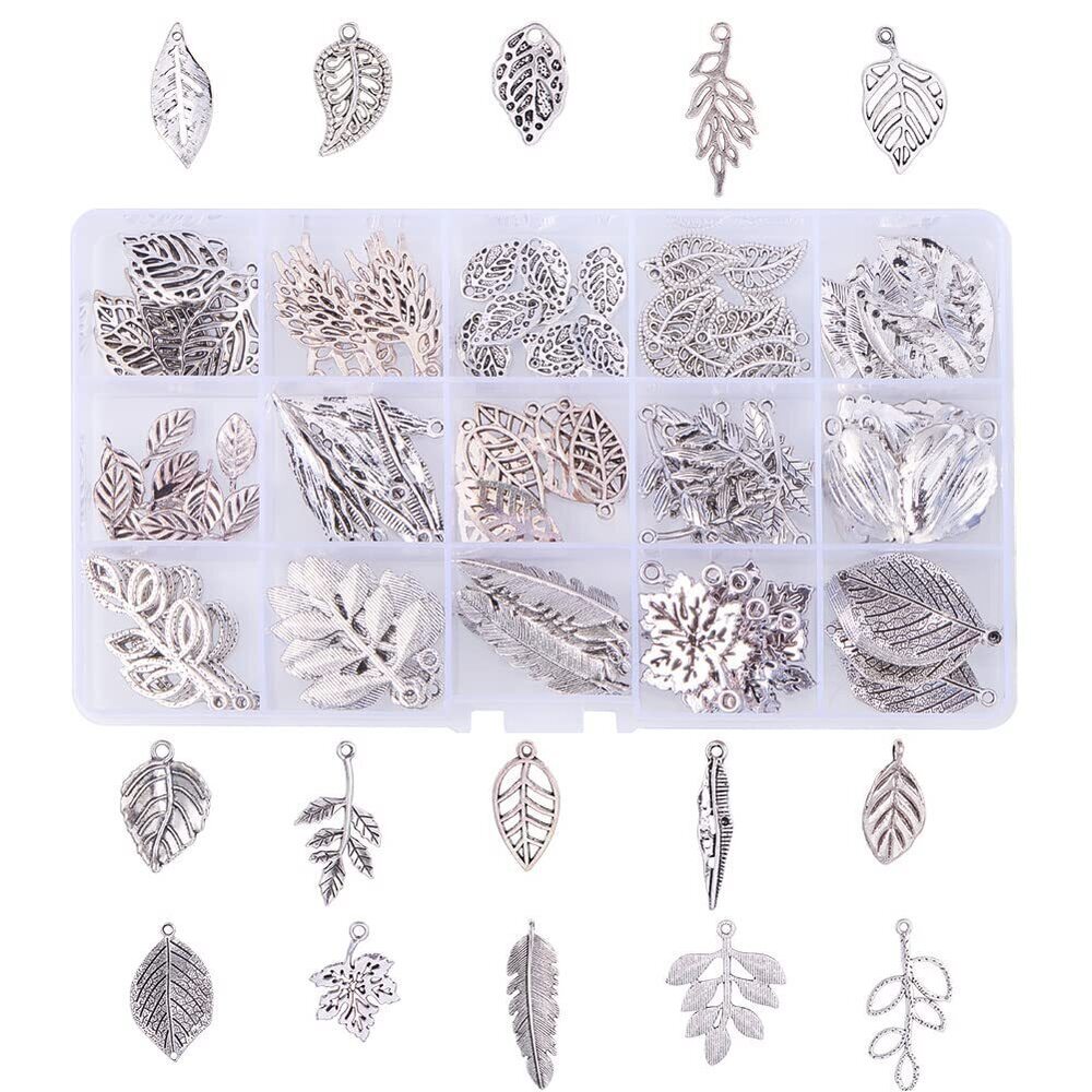 8808 150pcs Tree Leaf Charms, 15 Style Filigree Metal Leaf Pendants Plant